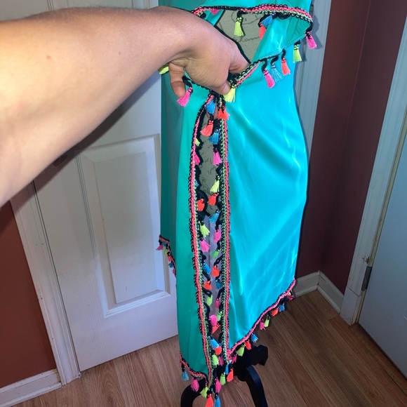 Neon Pom Pom Fringe Teal Swim Pool Vacation Resortwear Coverup sz L-XXL - Picture 6 of 8